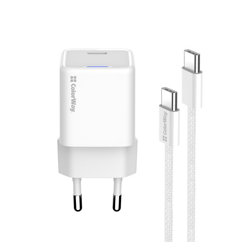 Мережевий зарядний пристрій ColorWay GaN Mini 30W PD Port PPS USB-C White (CW-CHS054PDC-WT) + кабель USB Type-C