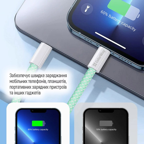 Кабель ColorWay USB Type-C + USB Type-C (M/M), 3.0 А, 1 м, Green (CW-CBPDCC061-G)