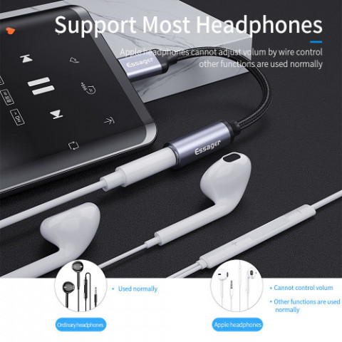 Адаптер Essager USB Type-C - 3.5 мм (M/F), 0.1 м, Black (EZJE01-0G)