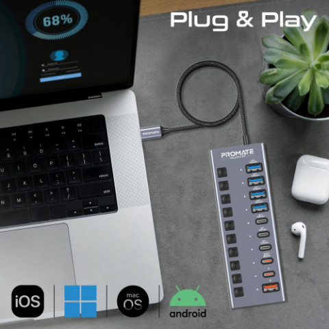 Концентратор USB Type-C Promate Gegahub-5G 10 in 1 Grey (gegahub-5g)