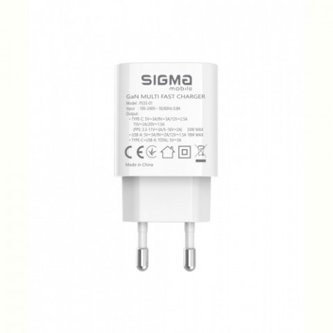 Мережевий зарядний пристрій Sigma mobile X-power 33W GaN, PD, QC (1xUSB-C + 1xUSB-A) White (PS33-01)