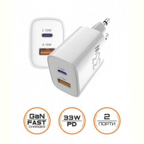 Мережевий зарядний пристрій Sigma mobile X-power 33W GaN, PD, QC (1xUSB-C + 1xUSB-A) White (PS33-01)
