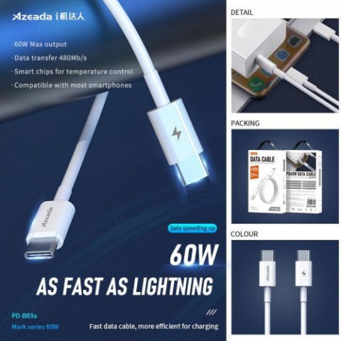 Кабель Proda PD-B83a Type-C - Type-C Fast Charge 60W, 1 м, White