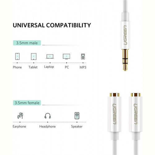 Аудіо-кабель Ugreen AV134 3.5 мм - 2х3.5 мм (M/F), 0.2 м, білий (UGR-10739)