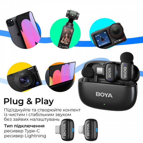 Бездротовий петличний мікрофон Boya mini 2-01 Type-C/Lightning Black Купити в Україні
