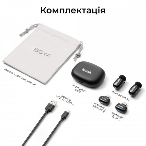 Бездротовий петличний мікрофон Boya mini 2-01 Type-C/Lightning Black Купити в Україні
