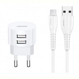 Мережевий зарядний пристрій Usams T20 (2USB, 2.1А) White (XTXLOGT18MC05) + кабель MicroUSB