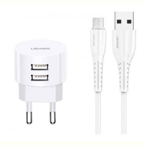 Мережевий зарядний пристрій Usams T20 (2USB, 2.1А) White (XTXLOGT18MC05) + кабель MicroUSB