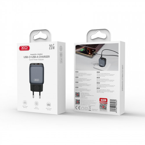 Мережевий зарядний пристрій XO L154 (1USB-С, 1USB, 3А) PD, QC 3.0 Black (L154.black)
