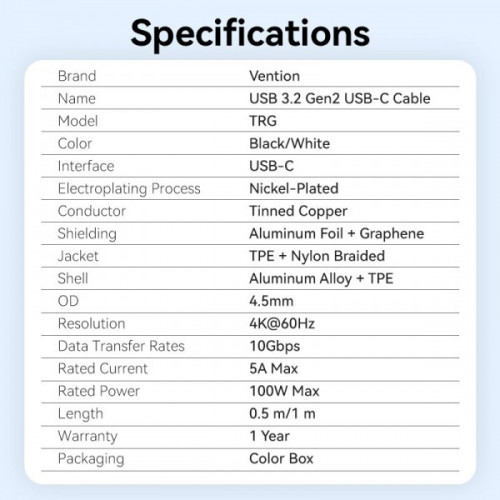 Кабель Vention USB Type-C - USB Type-C (M/M), 100W, 5A, 1 м, White (TRGWF)