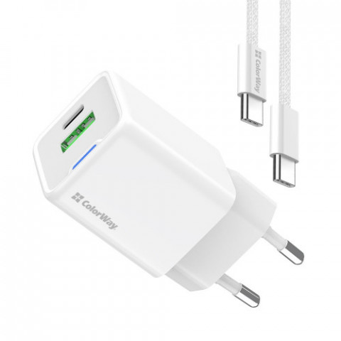 Мережевий зарядний пристрій ColorWay GaN Mini 20W PD Port PPS USB (Type-C PD + USB QC4.0) White (CW-CHS062PDC-WT) + кабель Type-C
