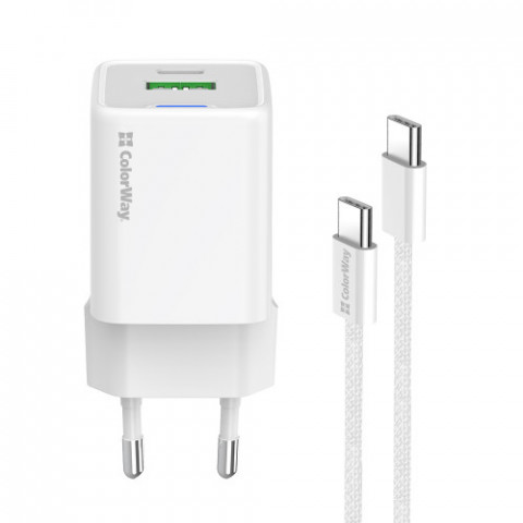 Мережевий зарядний пристрій ColorWay GaN Mini 20W PD Port PPS USB (Type-C PD + USB QC4.0) White (CW-CHS062PDC-WT) + кабель Type-C