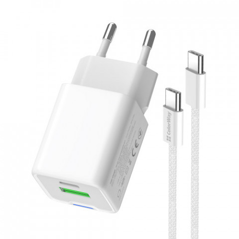 Мережевий зарядний пристрій ColorWay GaN Mini 20W PD Port PPS USB (Type-C PD + USB QC4.0) White (CW-CHS062PDC-WT) + кабель Type-C