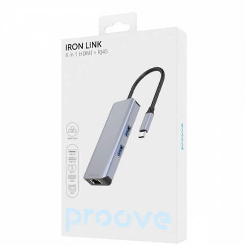 Type-C-Хаб Proove Iron Link 6 in 1 (2*USB3.0 + SD/TF + RJ45 + HDMI) silver Купити в Україні