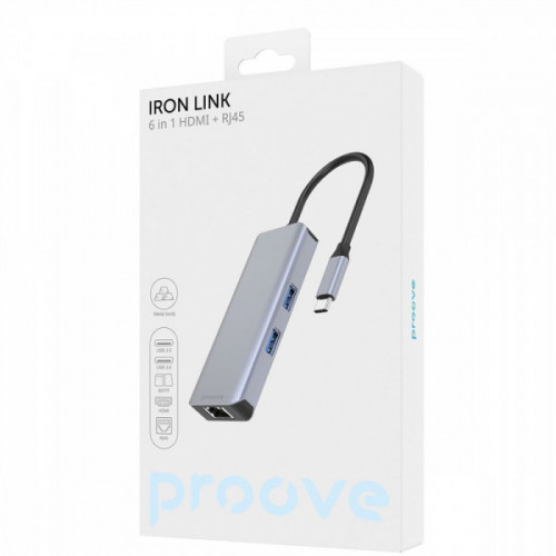 Type-C-Хаб Proove Iron Link 6 in 1 (2*USB3.0 + SD/TF + RJ45 + HDMI) silver Купити в Україні