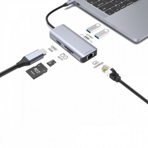 Type-C-Хаб Proove Iron Link 6 in 1 (2*USB3.0 + SD/TF + RJ45 + HDMI) silver Купити в Україні