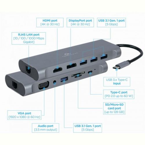 Док-станція Cablexpert USB-C 8-в-1 (A-CM-COMBO8-01)