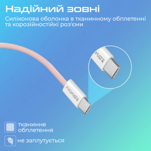 Кабель Promate EcoLine-CC200 USB Type-C - USB Type-C (M/M), 3 A, 60 W, 2 м, Pink
