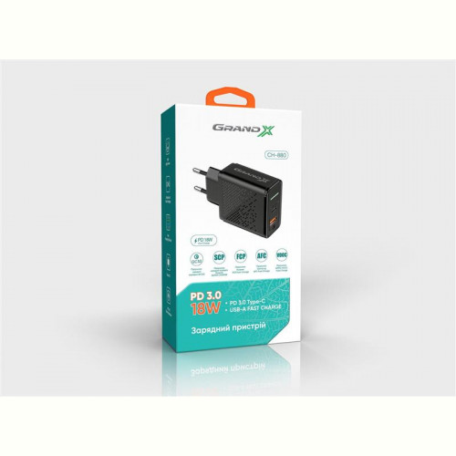 Мережевий зарядний пристрій Grand-X Fast Сharge 6в1 (1хUSB, 1хTypeC, 18W) Black (CH-880)