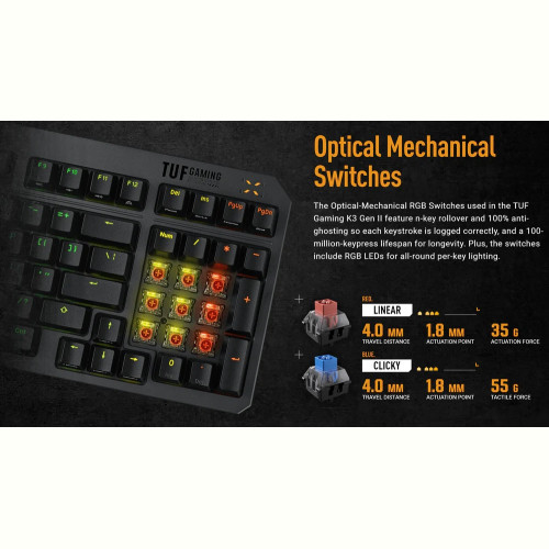 Клавiатура Asus TUF Gaming K3 Gen II Opti-Mech RGB 97key Switches ABS Black (90MP0390-BKMA00)