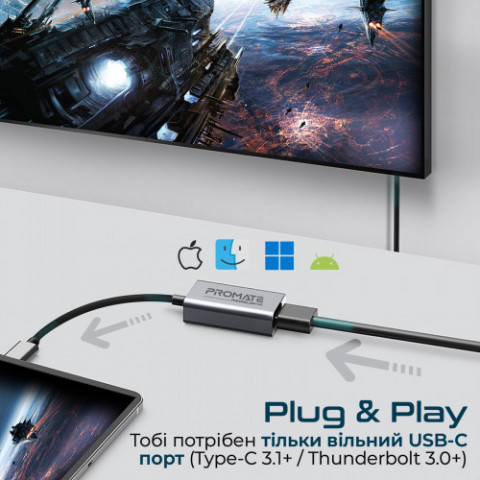 Адаптер Promate USB Type-C - HDMI (M/F) Grey (medialink-h1.grey)