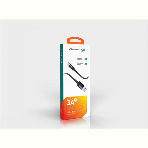 Кабель Grand-X USB-USB Type-C, 3A, Cu, 1м, Fast Сharge, Black (FC-03)