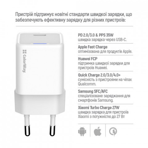 Мережевий зарядний пристрій ColorWay GaN Mini 35W PD Port PPS USB-C White (CW-CHS056PD-WT)