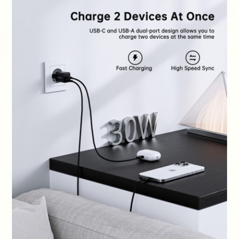 Мережевий зарядний пристрій Choetech (USB-C+USB-A) Black (PD5012-EU-BK)
