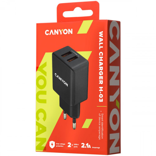 Мережевий зарядний пристрій Canyon CNE-CHA03B (2USB, 2.1A) Black