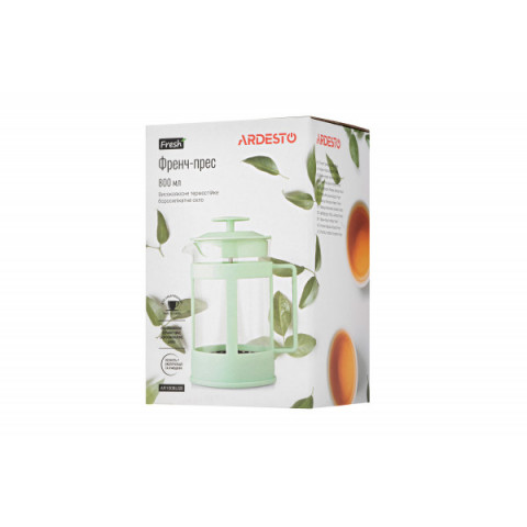 Френч-прес Ardesto Fresh, 800мл, боросилікатне скло, пластик, прозорий, зелений світлий