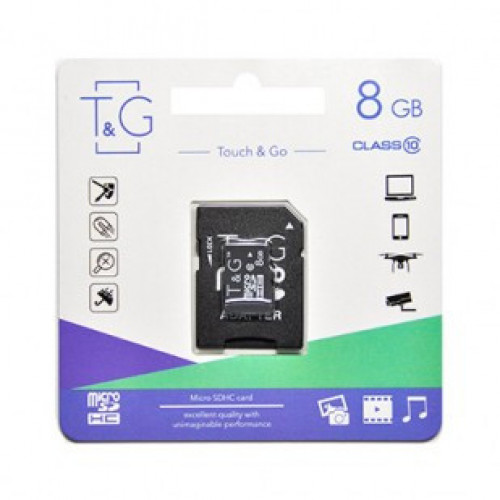 Карта пам`ятi MicroSDHC 8GB Class 10 T&G + SD-adapter (TG-8GBSDCL10-01)