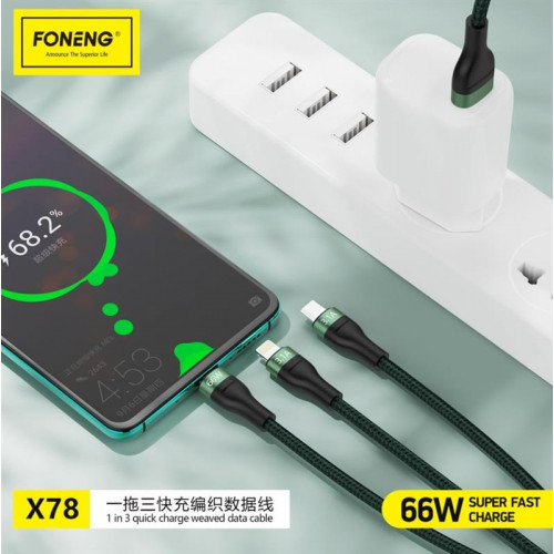 Кабель Foneng X78 1.2M 3-in-1 (66W) USB - USB-C/microUSB/Lightning 1.2м Black (X78-CA-3-TIO)