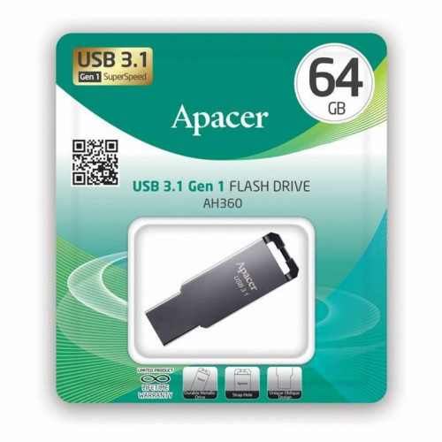 Флеш-накопичувач USB3.1 64GB Apacer AH360 Metal Black (AP64GAH360A-1)