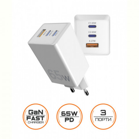 Мережевий зарядний пристрій Sigma mobile X-power 65W GaN, PD, QC (2xUSB-C + 1xUSB-A) White (PS65-01)