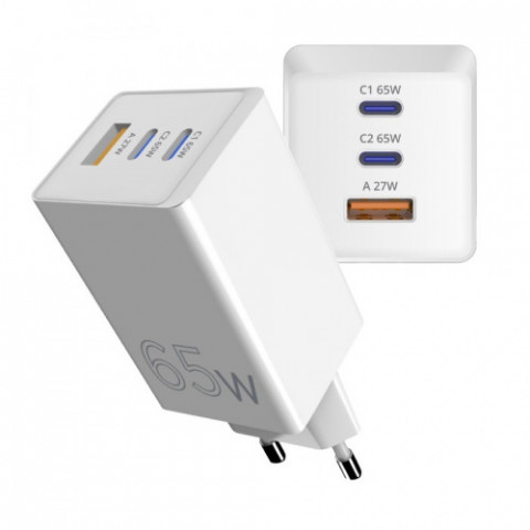 Мережевий зарядний пристрій Sigma mobile X-power 65W GaN, PD, QC (2xUSB-C + 1xUSB-A) White (PS65-01)
