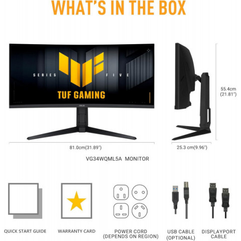 Монітор Asus 34" TUF Gaming VG34WQL5A 2xHDMI, 2xDP, 4xUSB, MM, VA, 3440x1440, 21:9, 165Hz, 1ms, sRGB 120%, CURVED, AdaptiveSync, HAS, HDR400
