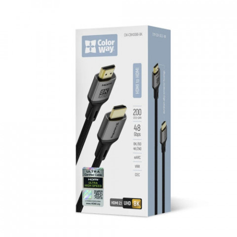 Кабель ColorWay HDMI-HDMI V2.1 8K 2м, Black (CW-CBHD088-BK)
