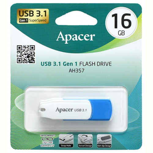 Флеш-накопичувач USB3.1 16GB Apacer AH357 Blue/White (AP16GAH357U-1)