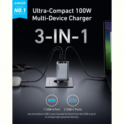 Мережевий зарядний пристрій Anker PowerPort GaNPrime 100W 2xUSB Type-C, USB Type-A Silver (A2688341)