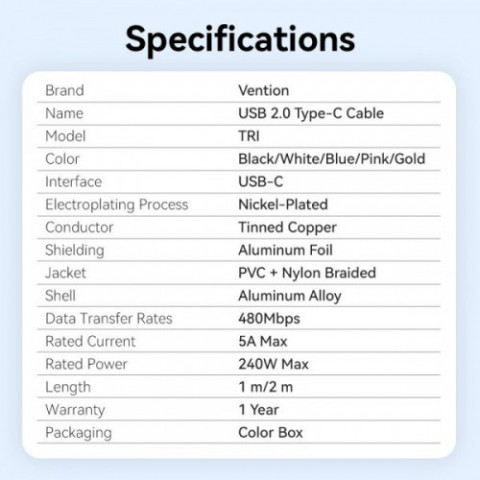Кабель Vention USB Type-C - USB Type-C (M/M), 240W, 5A, 2 м, Black (TRIBH)