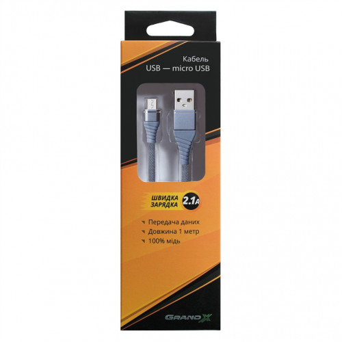 Кабель Grand-X USB-microUSB, Cu, 2.1A, 1.2м Grey (NM012GR)