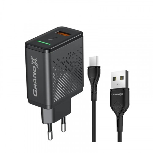 Мережевий зарядний пристрій Grand-X Quick Charge 3.0 (1хUSB, 18W) Black + кабель USB-TypeC Black (CH-650T)