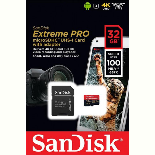 Карта пам`яті MicroSDHC 32GB UHS-I/U3 Class 10 SanDisk Extreme Pro A1 + SD-адаптер R100/W90MB/s (SDSQXCG-032G-GN6MA)