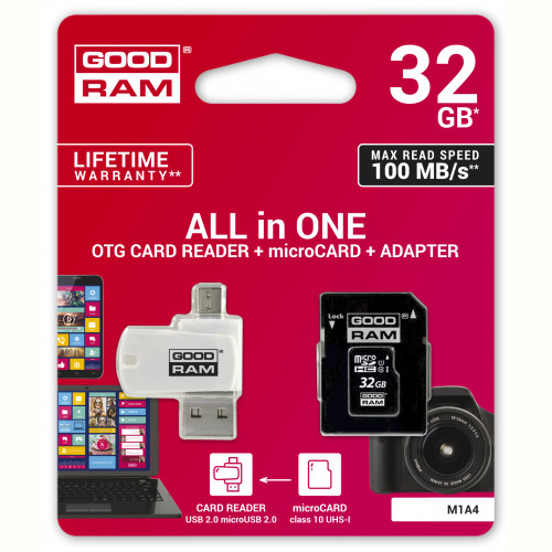 Карта пам`ятi MicroSDHC 32GB UHS-I Class 10 GOODRAM + SD-adapter + OTG Card reader (M1A4-0320R12)