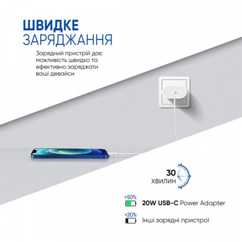 Зарядний пристрій ArmorStandart AMHJ83 20W USB-C White + кабель USB-C to USB-C (ARM77725)