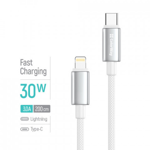 Кабель ColorWay USB Type-C - Lightning (M/M), zinc alloy braided, 3А, 2 м, White (CW-CBPDCL099-WT)