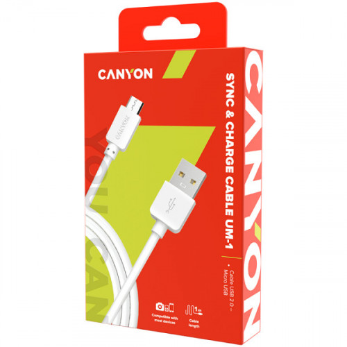 Кабель Micro USB Canyon USB 2.0 AM to Micro USB 1.0m White (CNE-USBM1W)