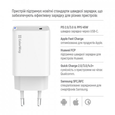 Мережевий зарядний пристрій ColorWay GaN Mini 45W PD Port PPS USB-C White (CW-CHS057PD-WT)