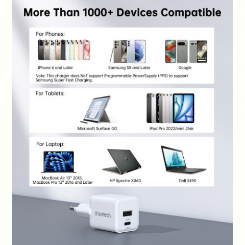 Мережевий зарядний пристрій Choetech (USB-C+USB-A) White (PD5012-EU-WH)