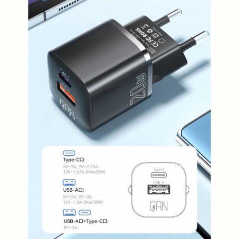 Мережевий зарядний пристрій Essager Camber 20W USB A + Type C Black (ECTAC-HMB01-P)